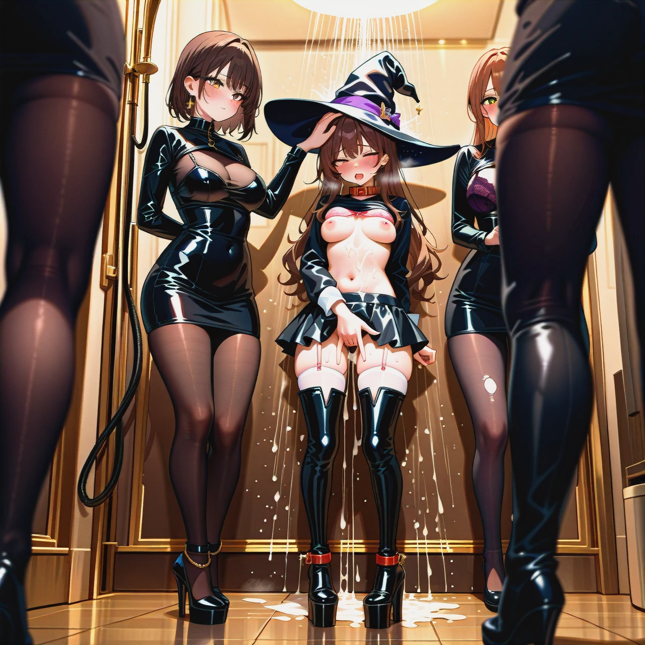 group, a large group headpat, FINGERING, cum_on stomach, thick_cock,backlit,ankles, black_shirt,anklets,hands_tied,mini_skirt bra,high-heels, pantyhose,dog_collar,bra_lift,thigh_boots, dress,white_stockings,witch_hat,torn_bodysuit,platform_heels, glass_shower, water_sparkles, Painted, dark_brown hair, belle