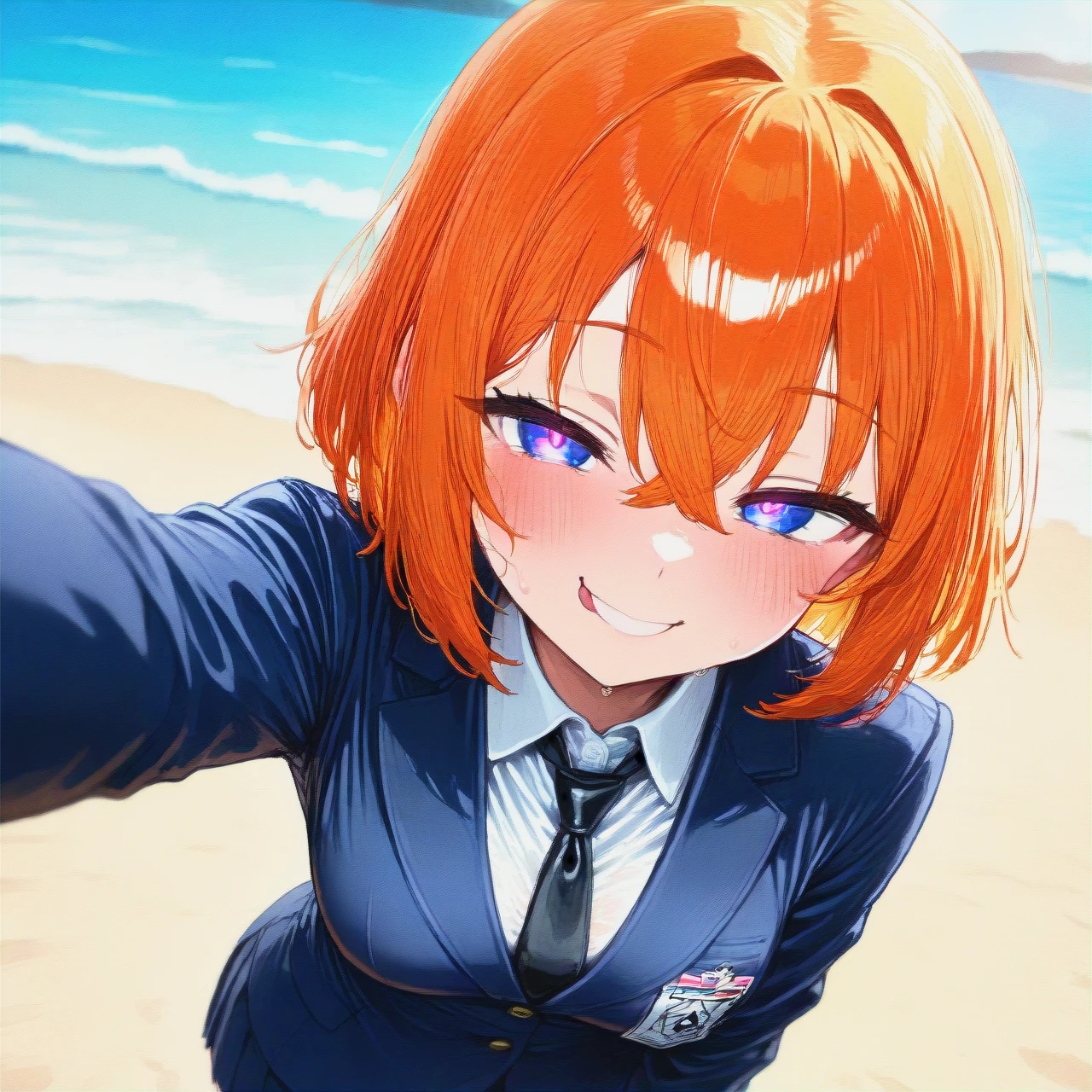 Gamo-chan, beach, orange hair, (naughty_face), school suit