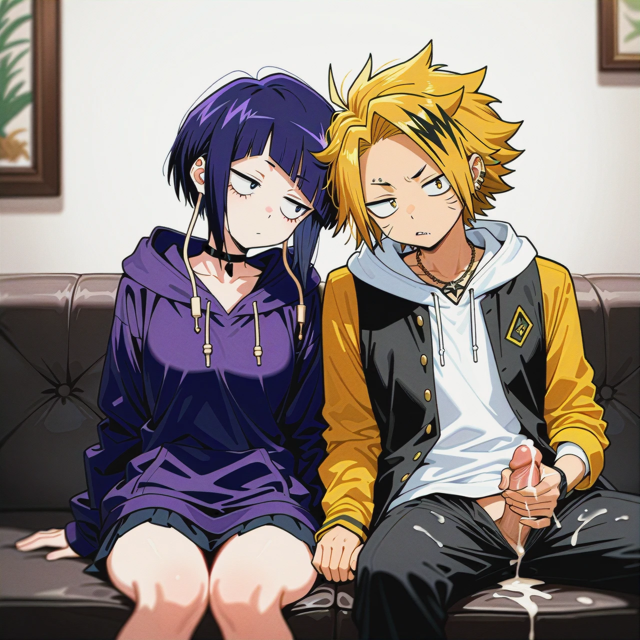 @jirou_kyouka sitting next to @kaminari_denki, giving him a (handjob), bored, cum, on couch, playing on phone