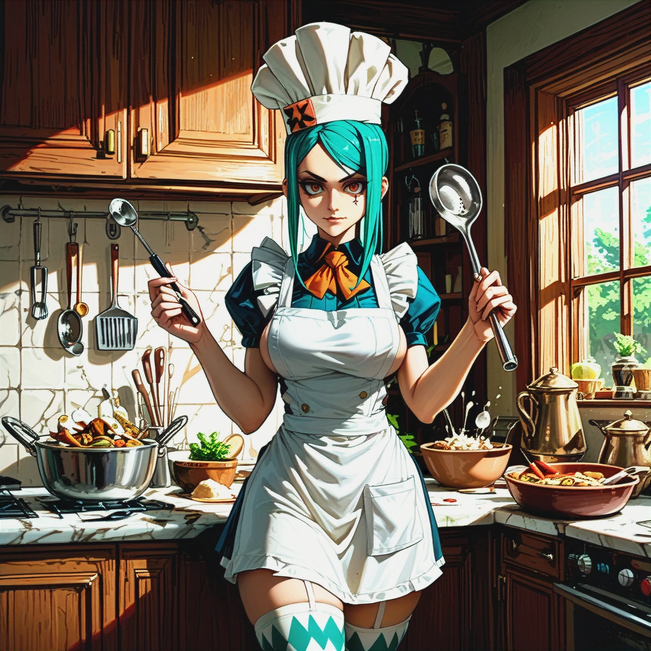 @cerebella is naked, in a white apron and a chef's hat, with a ladle in her hand, stockings, and a high heel, cooking in the kitchen.