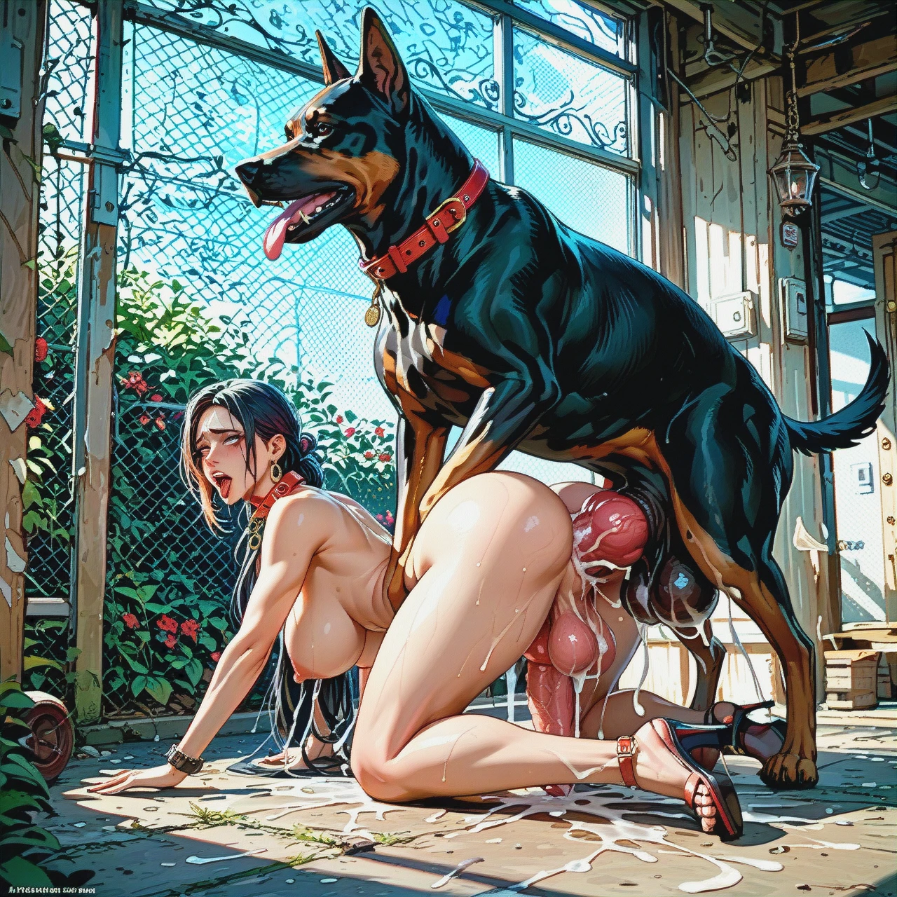 Futanari, big tits, big ass, wearing dog collar, back yard, feral dog, feral on futa, sex with canine, massive cock, big knot, big balls, ahegao, zoophilia, cumming