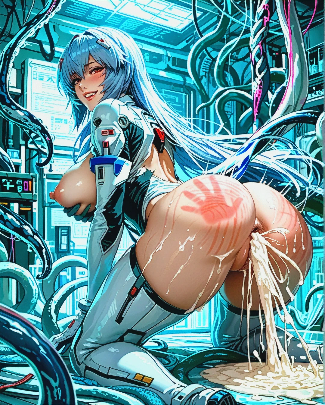 Laboratory, Solo, (ayanami rei , long  hair , evil, naughty smile), big breast, (spanked) restraint on cross,  guided breast grab from behind, torn suit,  tentacle  Deep thrusting anus ,motion lines,anal hyper  cumdump, cum pool,