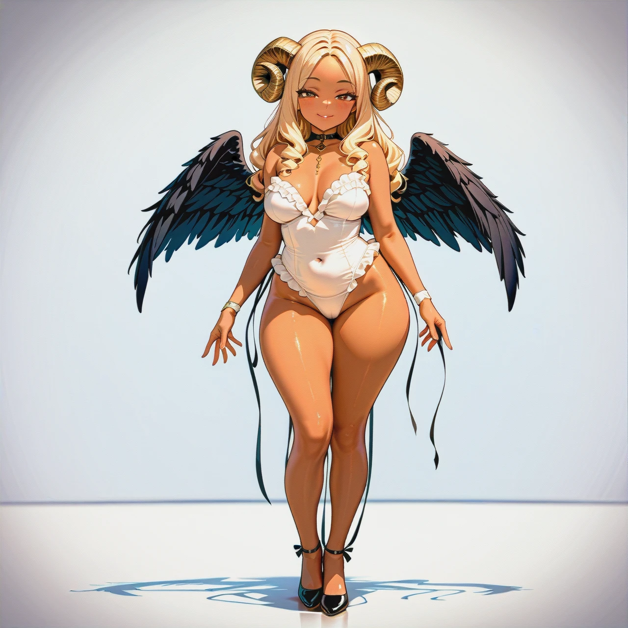 1 girl, lolli, angel girl, thick thighs, middle breasts, perfect figure, olive_tan skin, tall woman, blond hair, middle hair, lips, brown eyes, cream curled horns, two black wings, seductive smile, full height, standing full height, full body, front view