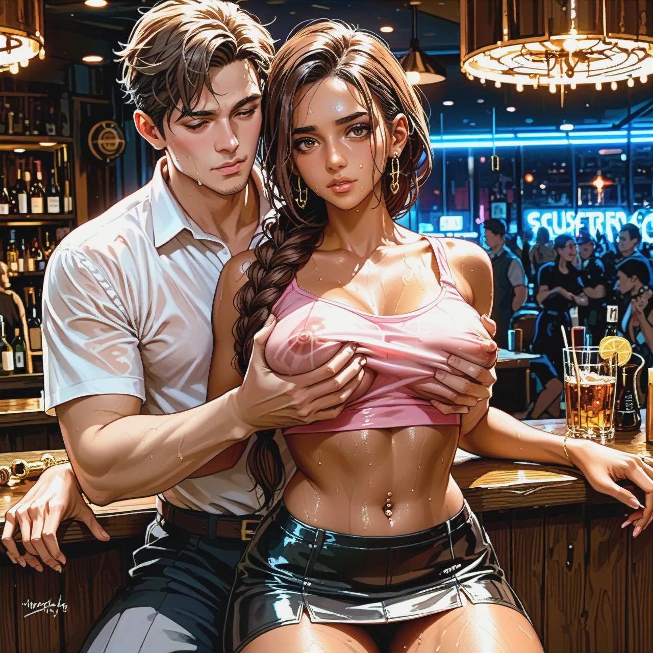 1girl, 1boy, , , , Latina, loose braided brown hair, sweaty brown skin, sheer pink top, navel piercing, black micro skirt, club, (guided_breast_grab)