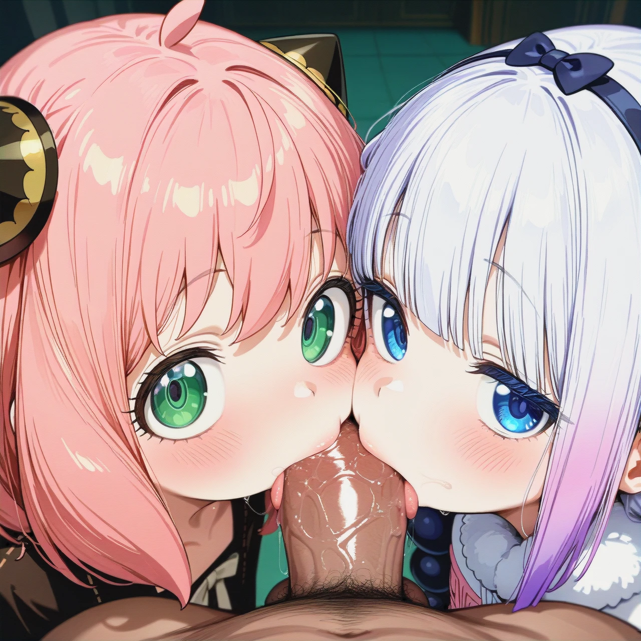 @anya, @kanna_kamui, 2girl, 2 girls 1 man, (cooperative_fellatio)