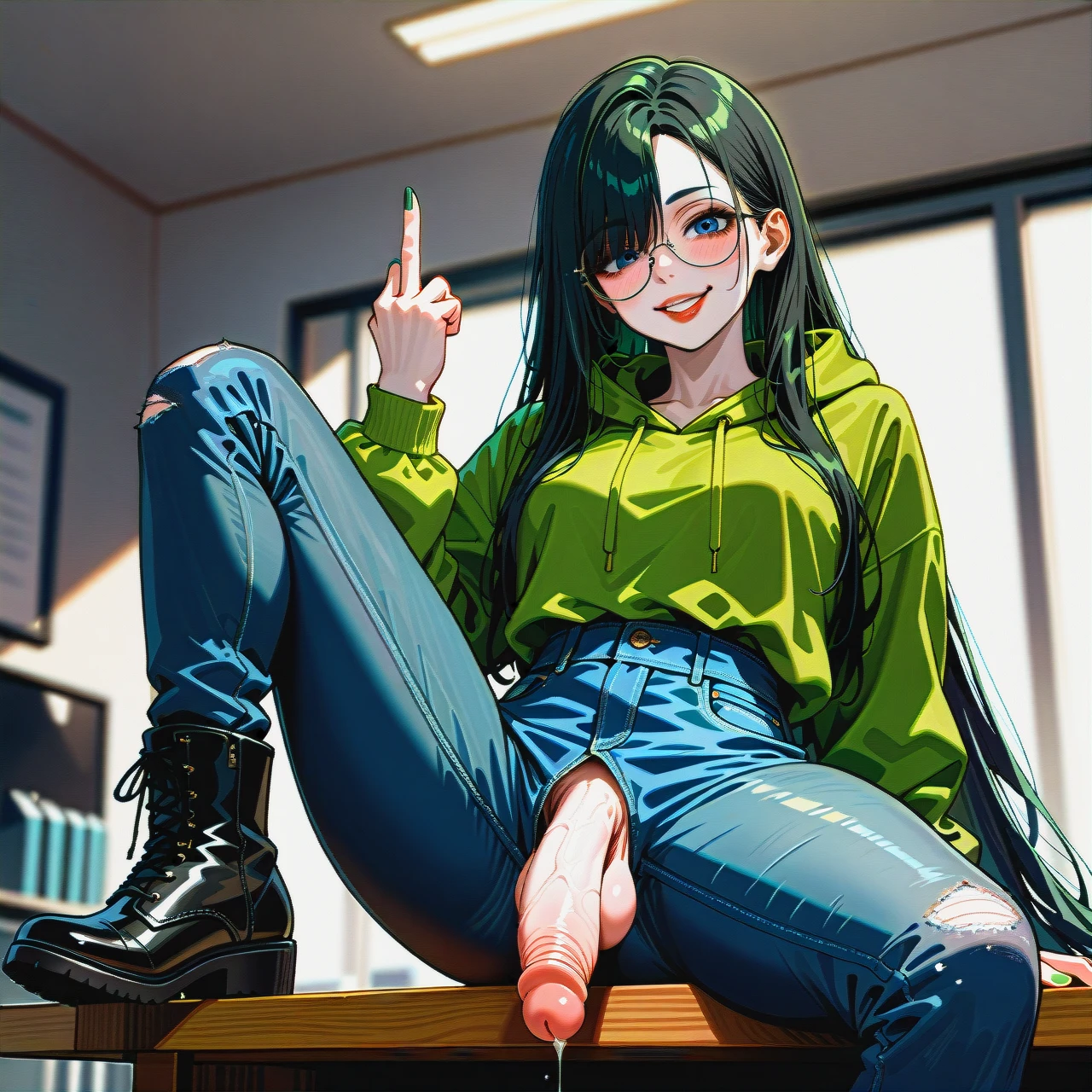 dark black hair,dark black hair,dark black hair,dark black hair,dark black hair, extremly long hair, long hair, very long hair, hair long to the butt, steel frame glasses with large round lenses, Women's boyfriend jeans with cuffs, very dark green oversized hoodie, lifted up hoodie , pale skin, (futanari), (solo), (lean body:1.3), wasp waist, (hair covering left eye), (exposed cocks:1.0), sit on table, one leg up, (spread_legs) black flat boots, office, blue eyes, blushing, horny, very dark green lipstick, full lips, smile, long green nails, look at viewer, cumming cock, cock cumming, cumming cock in cocktail bucket, hands middle finger, right hand middle finger up, left hand middle finger up, long distance