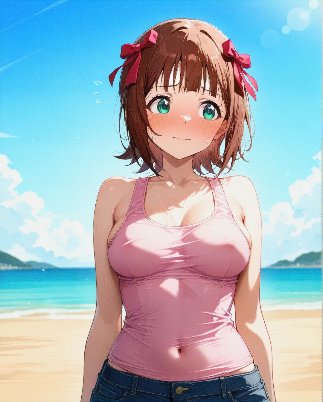 @amami_haruka , (breast_slip) ,light pink tank shirt ,  , caribean beach background, Sunny day,  , shy expression face, wide angle shot