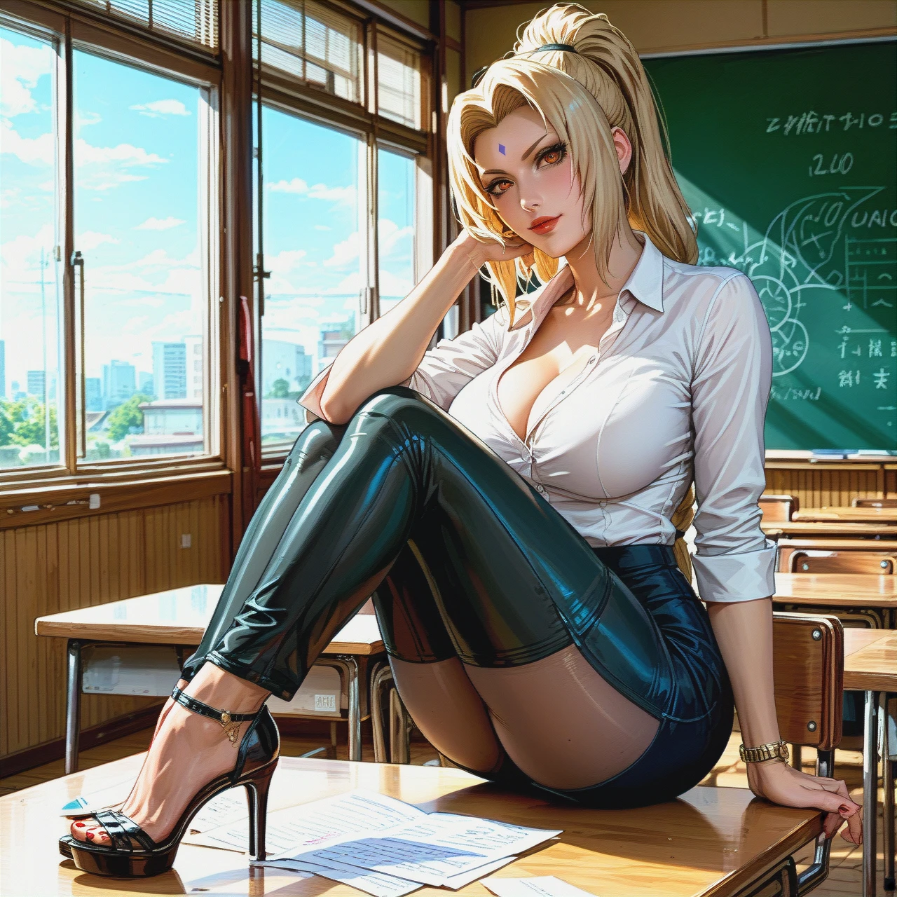 @tsunade, sexy spot body, high heels, beautiful face, strong face, teacher clothes, school, ponytail  hairstyle, strong teacher