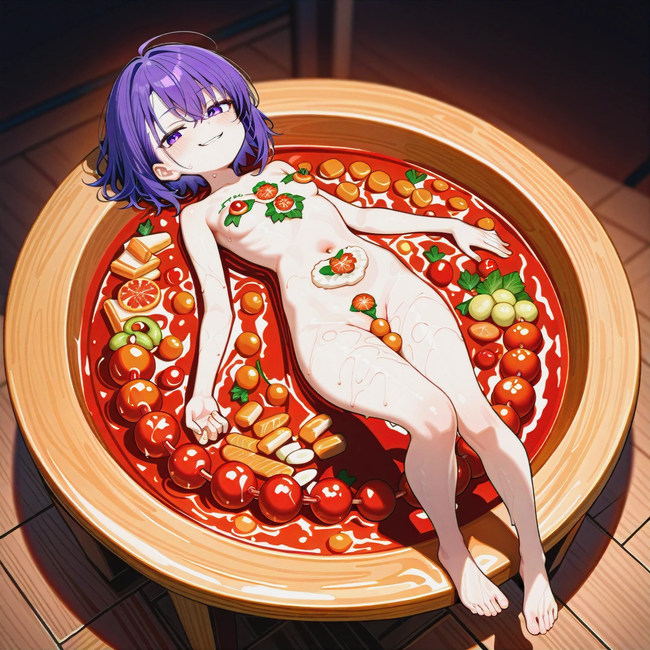 @chara, sly smirk, chocked, (cute:1.4), stomach deformation, full body, gigantic anal beads, food table, food on body, naked, (on_back), (lying), oiled skin, wet skin, (full_body), (deep_penetration), stomach deformation, (nyotaimori)