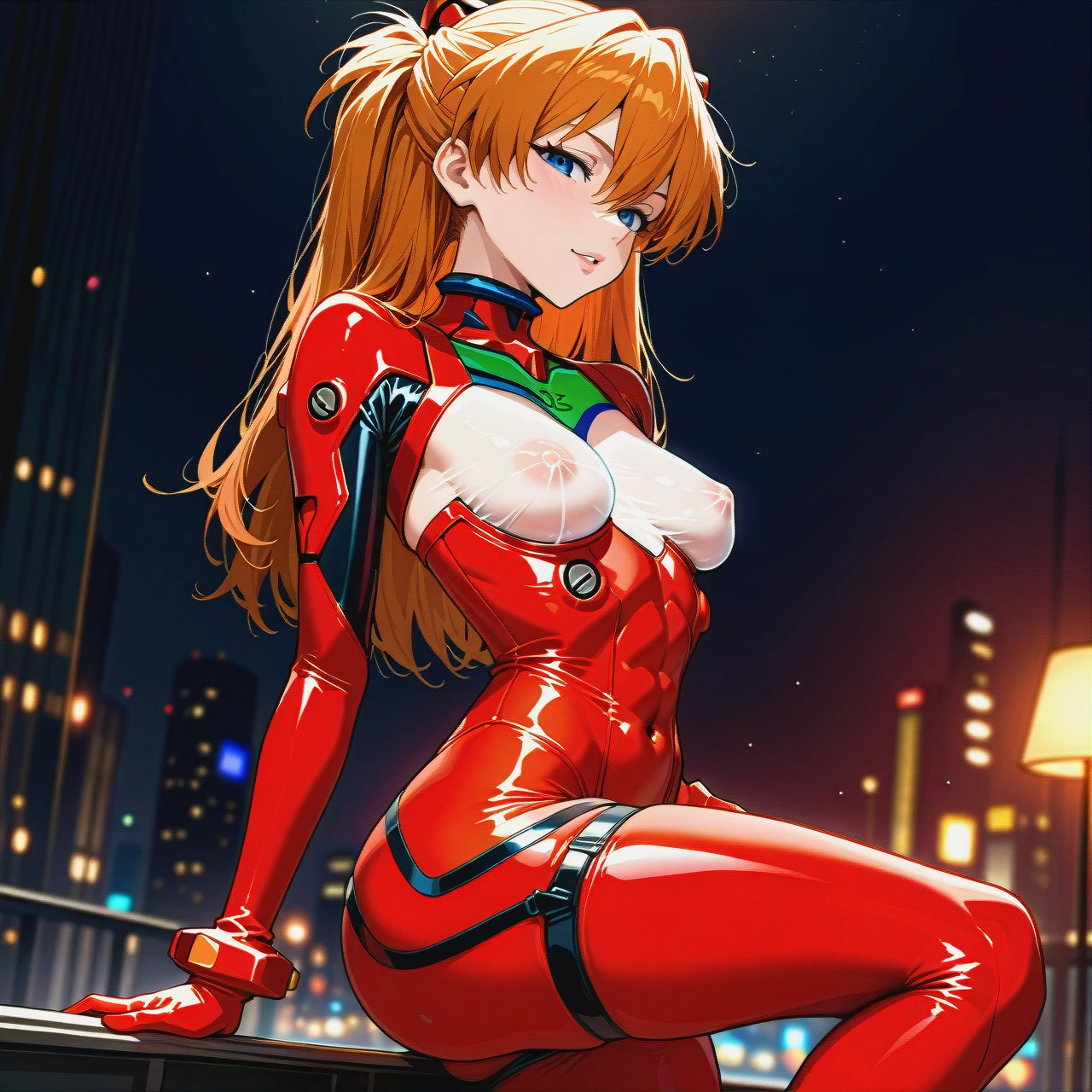 @asuka_langley_soryu  strapless latex elf suit with ass cutout, slim body, seethrough nipples, show perfect perky chest, view in profile, seductive face, heavy upper lips, vulgarity, show big Brazilian ass, hip garter, abs seethrough, knee up