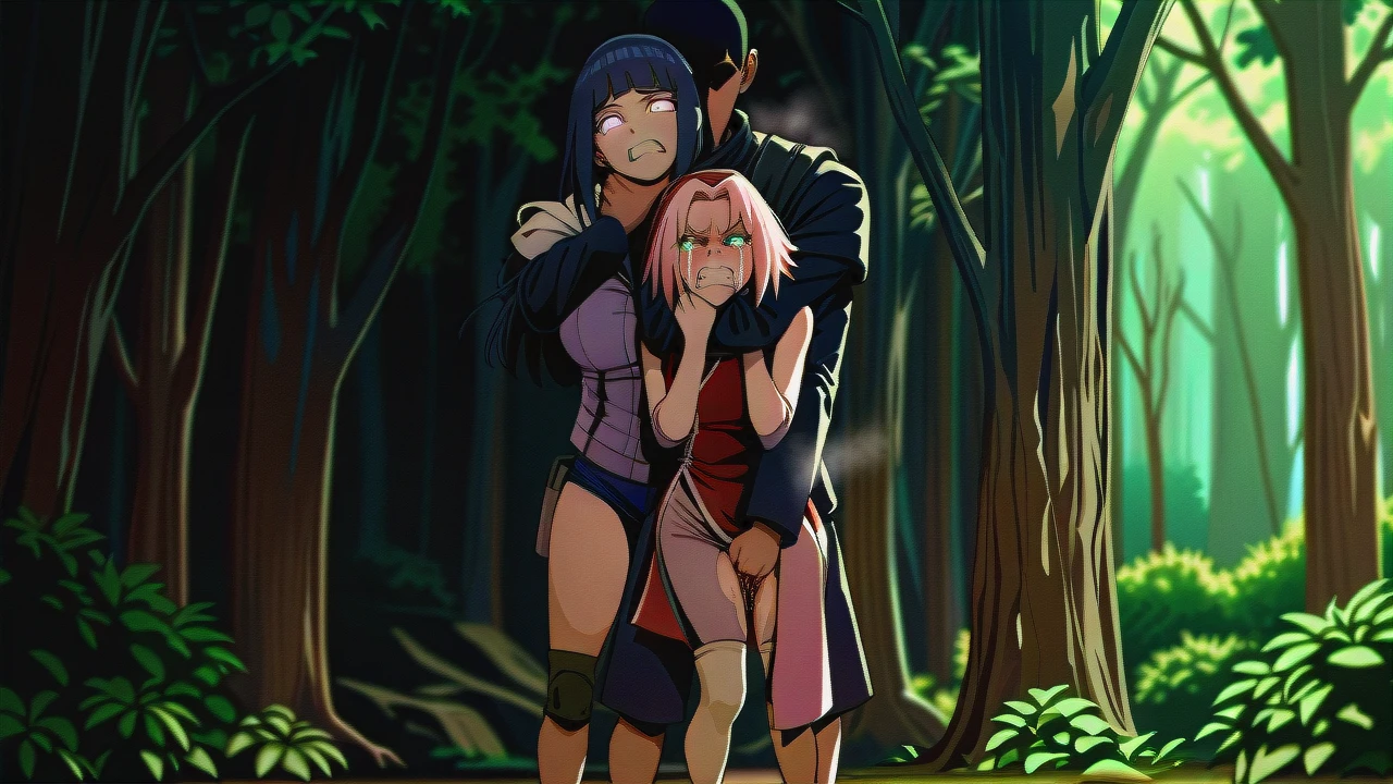 2 girls, 2 mans, @hyuuga_hinata, @haruno_sakura, one next other, (orgy), in a forest, captured by ninjas, (group_sex)  (from_behind) , clothed (clenched_teeth, (angry) (crying) (strangling) (vaginal)