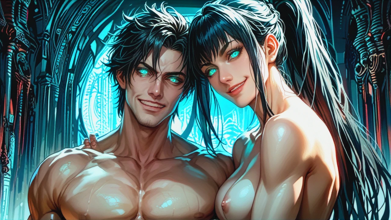 Woman, pale, black hair, ponytail, (glowing_eyes), turquoise eyes, (muscular_female), (skinny), nude, (yandere), (evil_smile), calm, (femdom), (staring), head tilt, (on_side), dark sci-fi bedroom