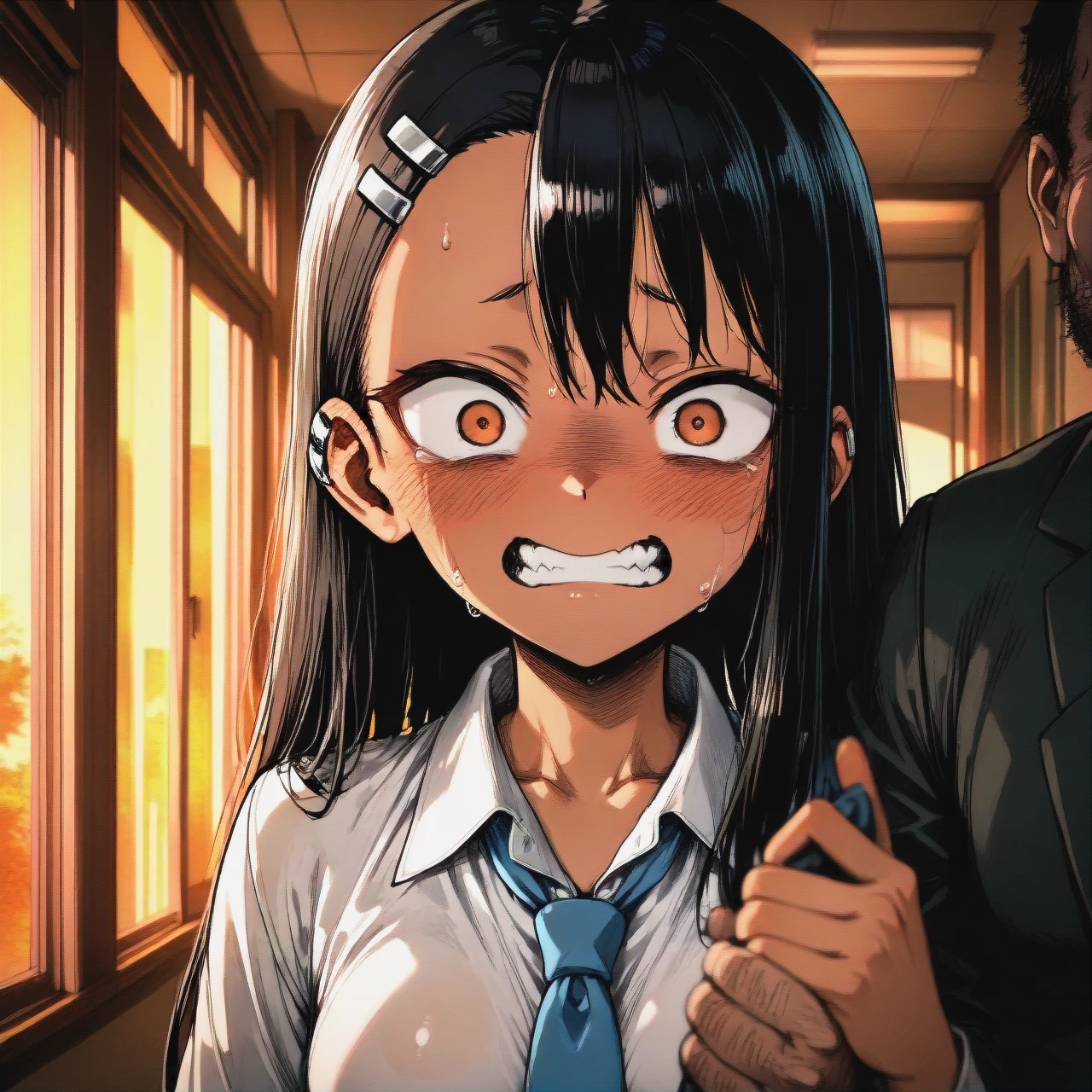 @nagatoro_hayase school uniform (standing)  (horrified) fat man (necktie_grab) her, in a school