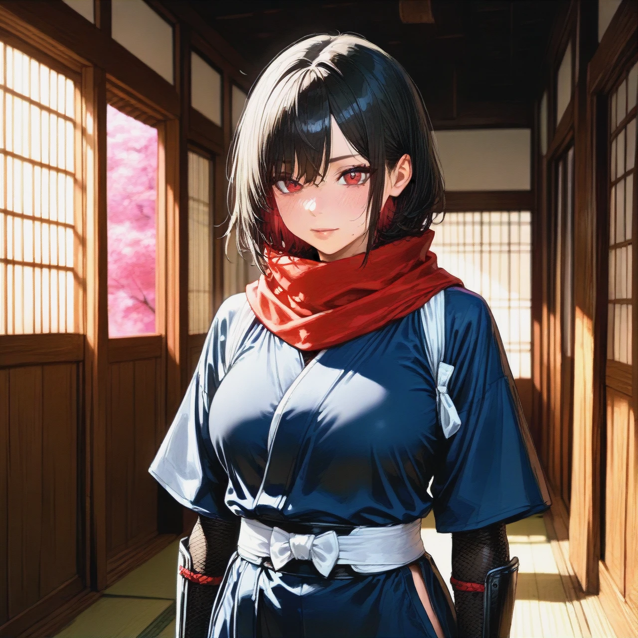 asian ninja girl, breacers, kimono without sleeves, asian belt, scarf, fully clothed, ninja sword