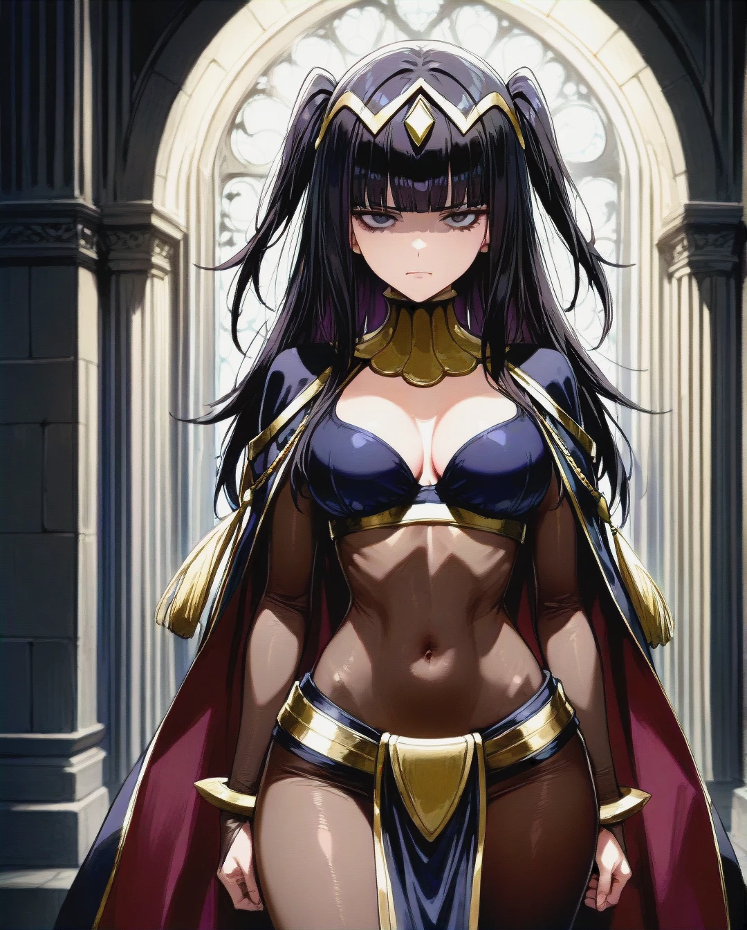 @tharja, (perfect face: 1,2), in dress, standing, front view, skinny, serious