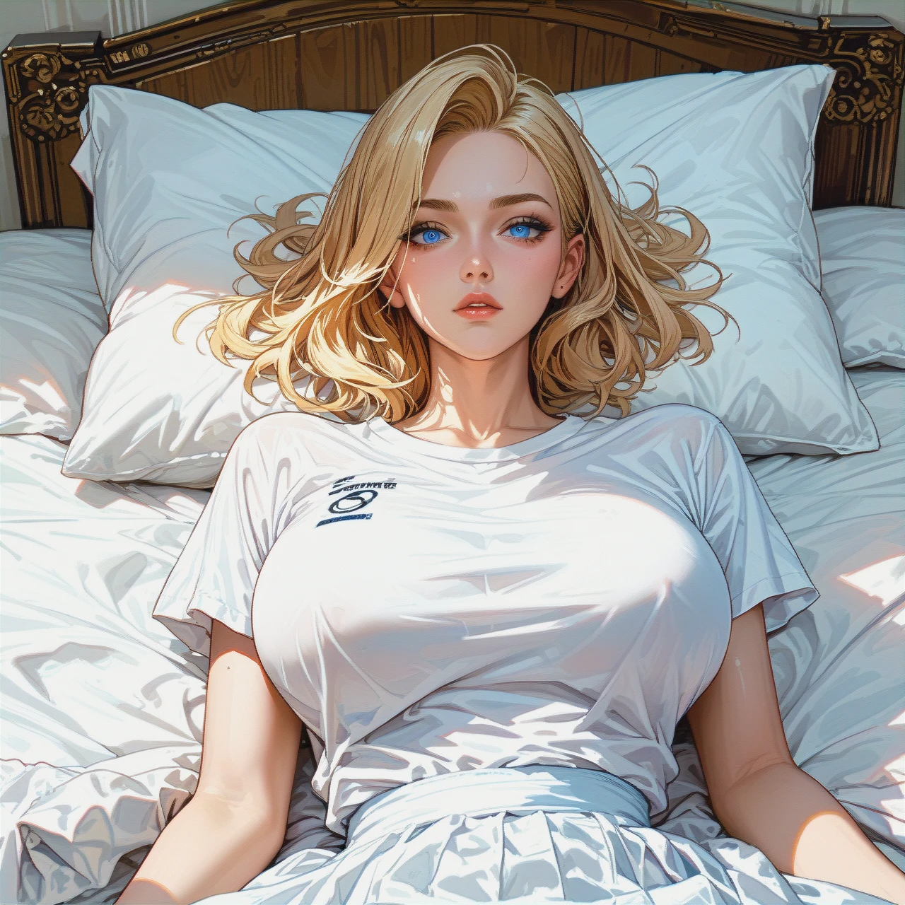 Big boob. Blonde hair. Big blue eyes. Her waiting me in bed. With white shirt.