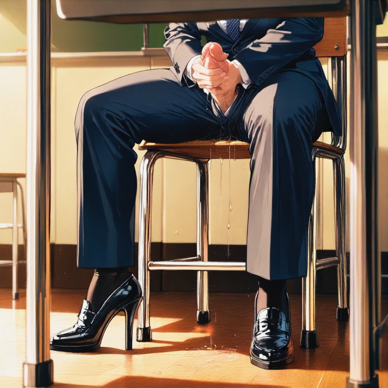 (futanari) heels, suit with tie, masturbating, sitting on a chair, classroom