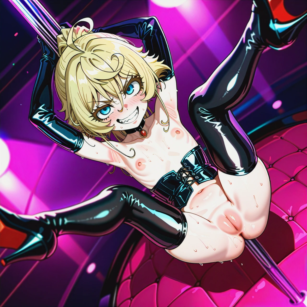 Tanya von Degurechaff from Youjo Senki , high resolution, extreme detail,  , (flat_chest) (skinny) open breasts, open pussy, in strip club ,long gloves, hight heels , nude, choker, black stockings,Leather corset , a stripper pole ,(legs_up), sweating , , Dancing a striptease  (perspective),(from_below) (evil_smile) (yandere) (v-shaped_eyebrows) (full_blush)