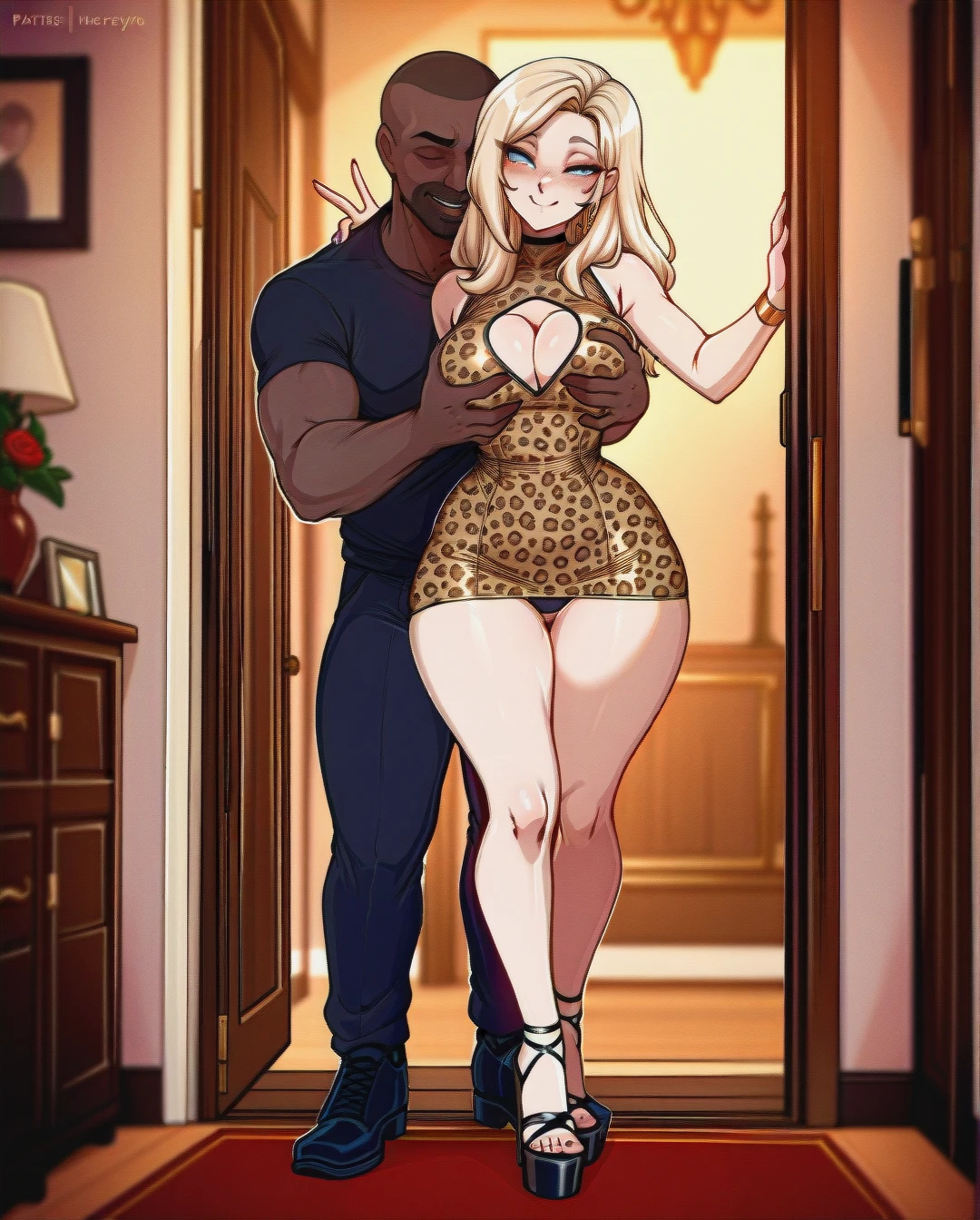 @meruccubus , European skin, blonde, (mature_female) , leopard pattern tight mini (dress_removed), smile, magazine cover, platform heels, full body, (standing) , thong, boys, interracial, (groping), (netorare) , (grabbing)