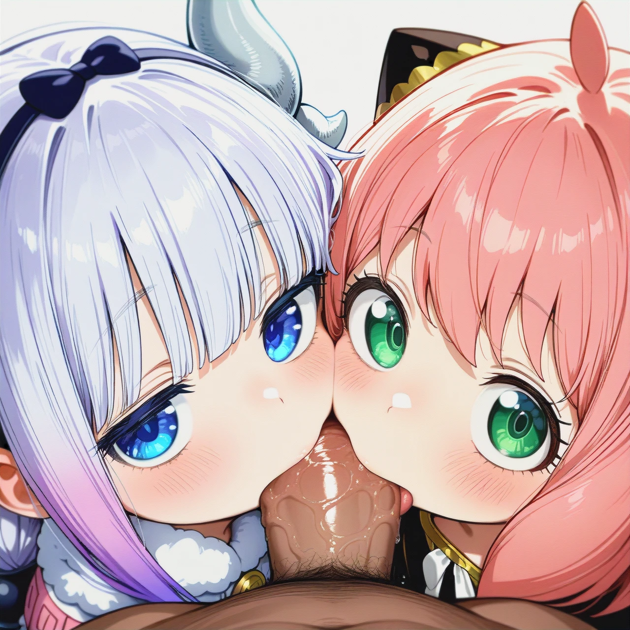 @anya, @kanna_kamui, 2girl, 2 girls 1 man, (cooperative_fellatio)