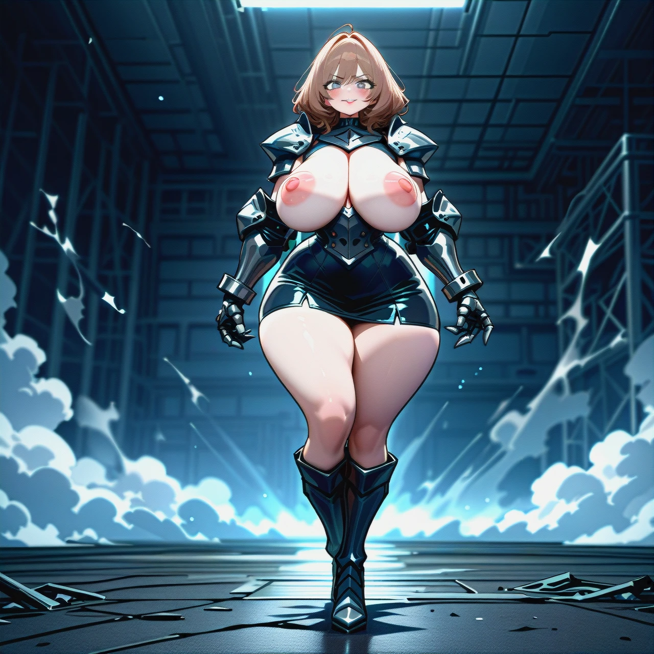 3d,1girl,pale skin,long light-brown hair,gorgeous face,cute face,sharp face,big grey eyes with eyelashes,giant plump puffy lips,voluptuous,curvy,bottom heavy,wide hips,thick thighs,giant butt,giant breasts,big puffy nipples,narrow waist,narrow body,narrow shoulders,long legs,warrior steel erotic armour,warrior miniskirt,destroyed steel top,high boots,full body,standing,holding a swornd in hands,extreme qualuty,good face generation