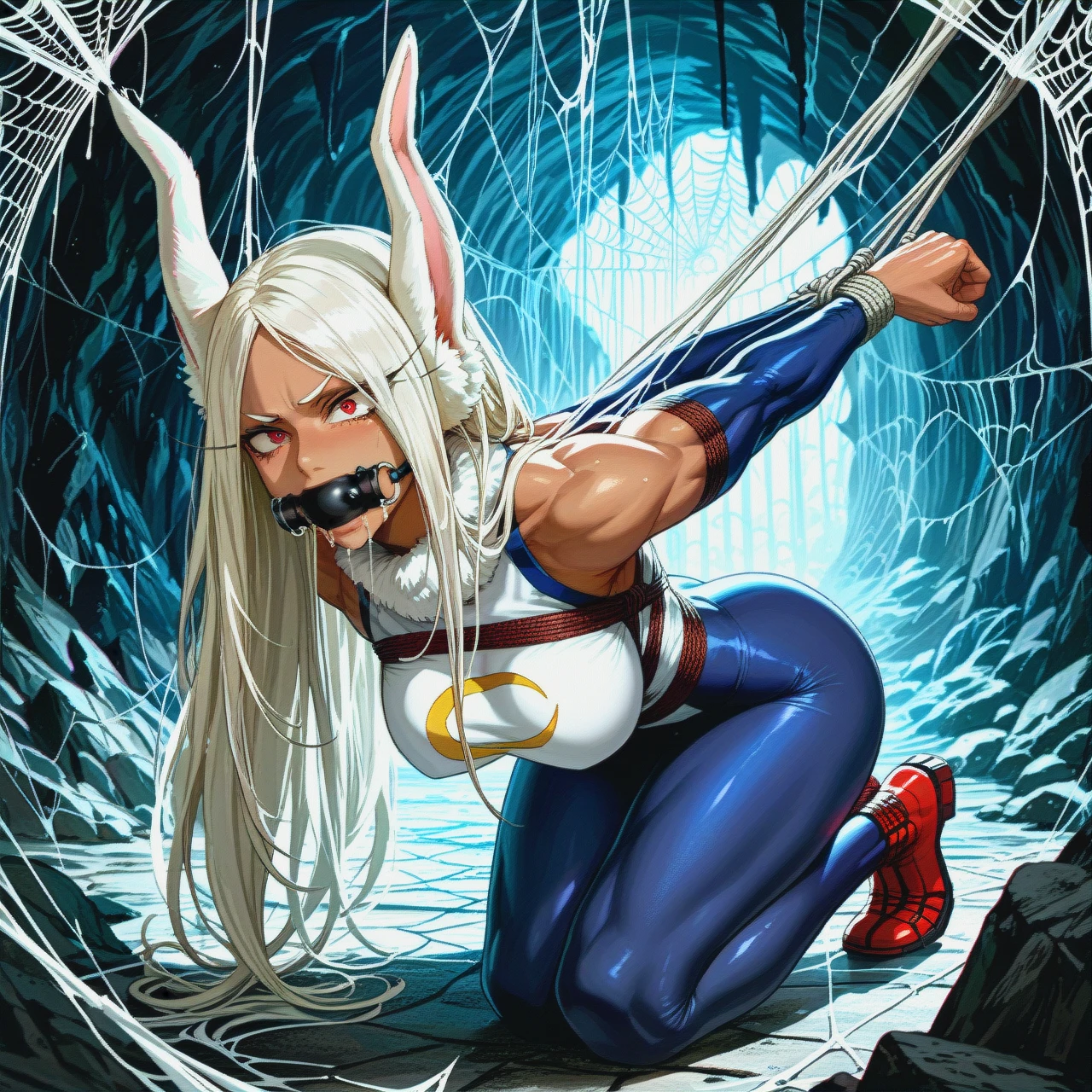 Nsfw, miruko, my hero academia, web bondage, dark cave, spider web bondage, spider web, web, full body view, webbed, covered in spider web, web gag, drooling, struggling,