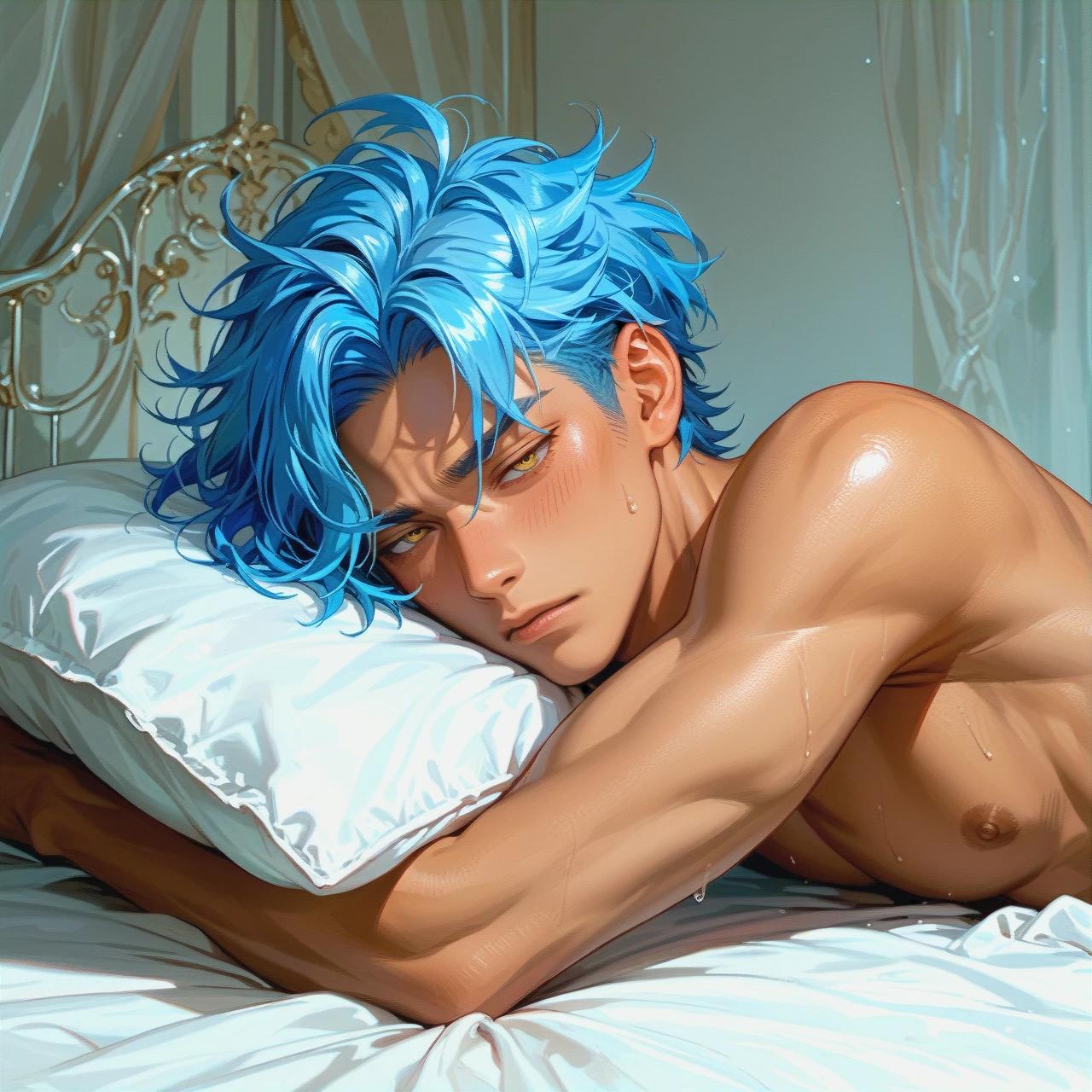 (cuntboy) tan dust-blue hair yellow eyes (sleepy) sleepy naked on bed (presenting)