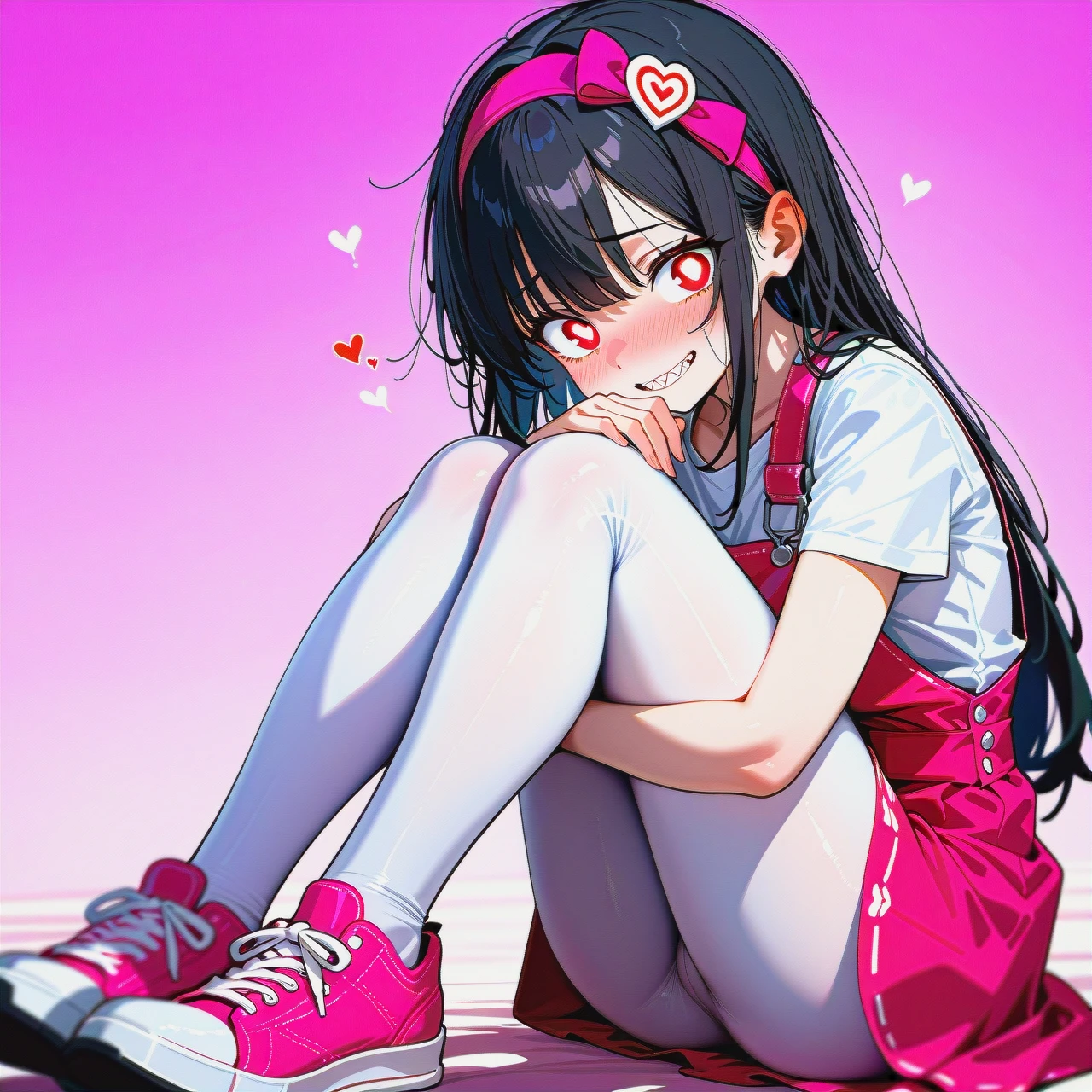 young woman, light skin, shoulder-length hair, bluish black hair, constant blush, razor-sharp teeth, (no_pupils), pink headband, pinkish-white long-sleeved shirt under a pink overall minidress with heart-adorned straps, pinkish-white leggings, pink shoes with medium-light red hearts adorning the sides