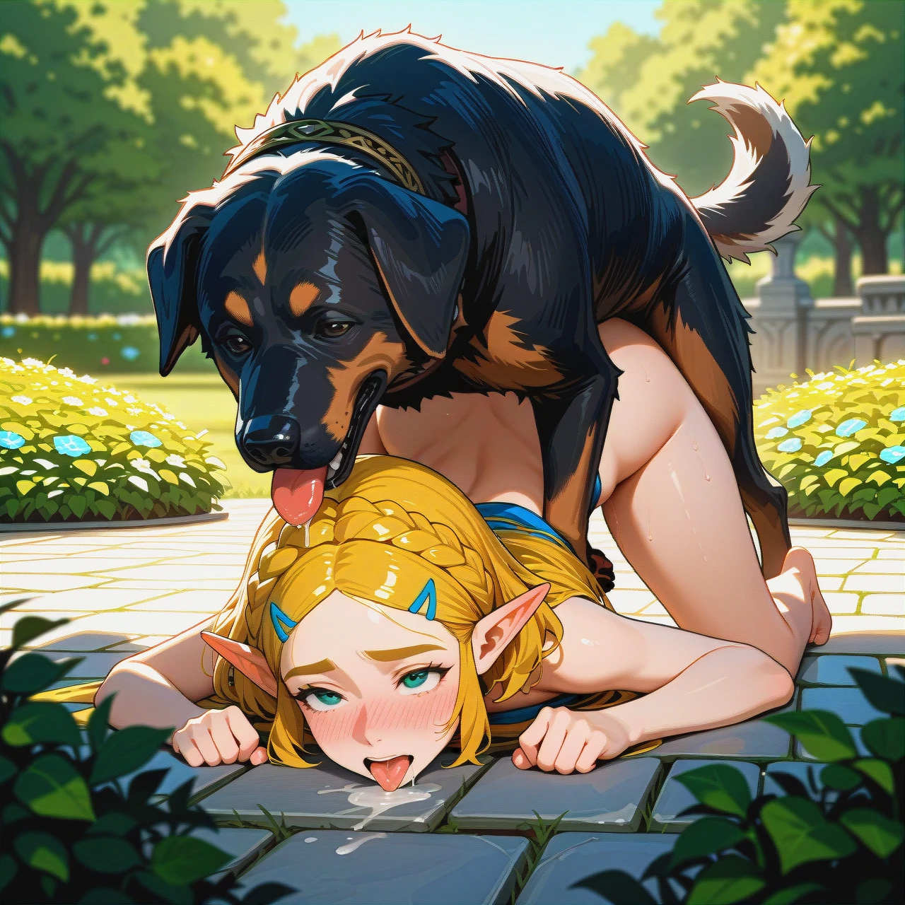 @princess_zelda, sex with feral dog, white feral dog, (sex_from_behind), (prostration), (tongue_out), (drooling), (full-face_blush), garden, front view,