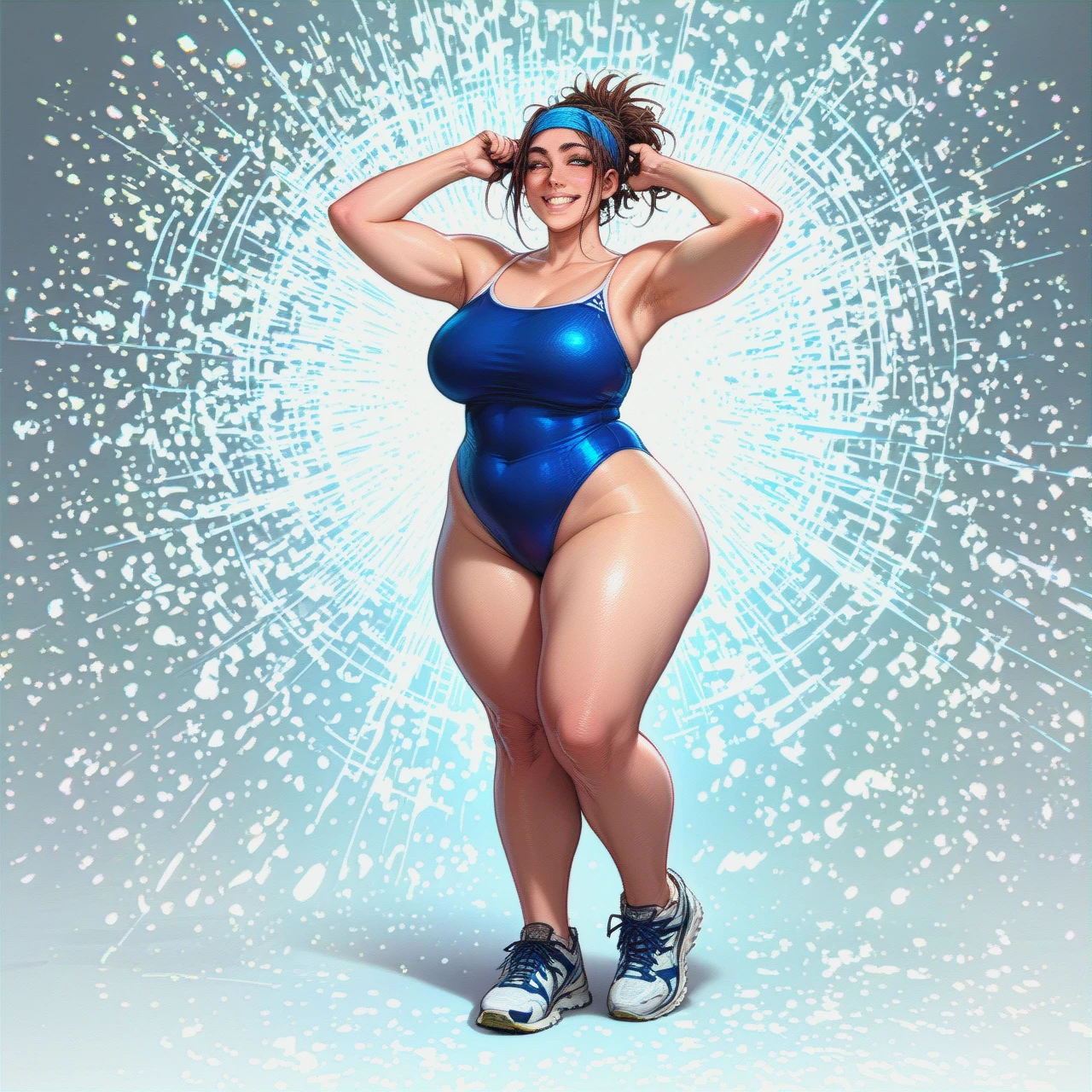 girl, 1, blue one-piece swimsuit, big boobs, big legs, big ass, fat, hair pulled back, smiling, headband, standing, full height, in sneakers