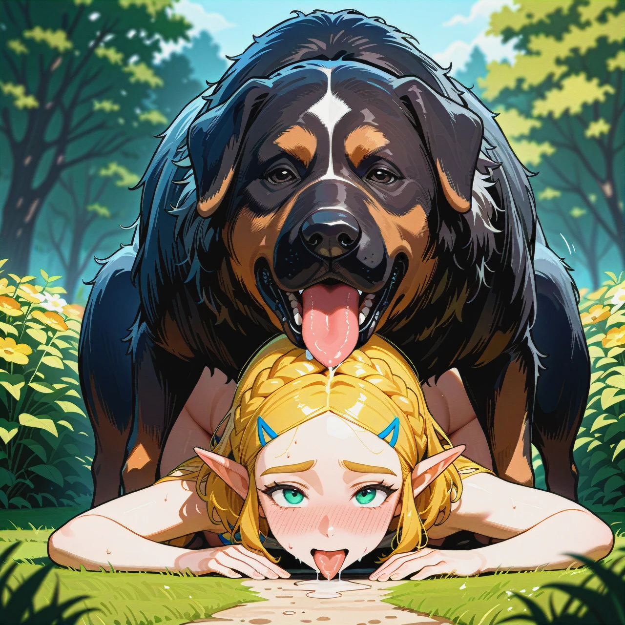 @princess_zelda, sex with feral dog, white feral dog, (sex_from_behind), (prostration), (tongue_out), (drooling), (full-face_blush), garden, front view, tongue on hair, huge feral dog, giant feral dog