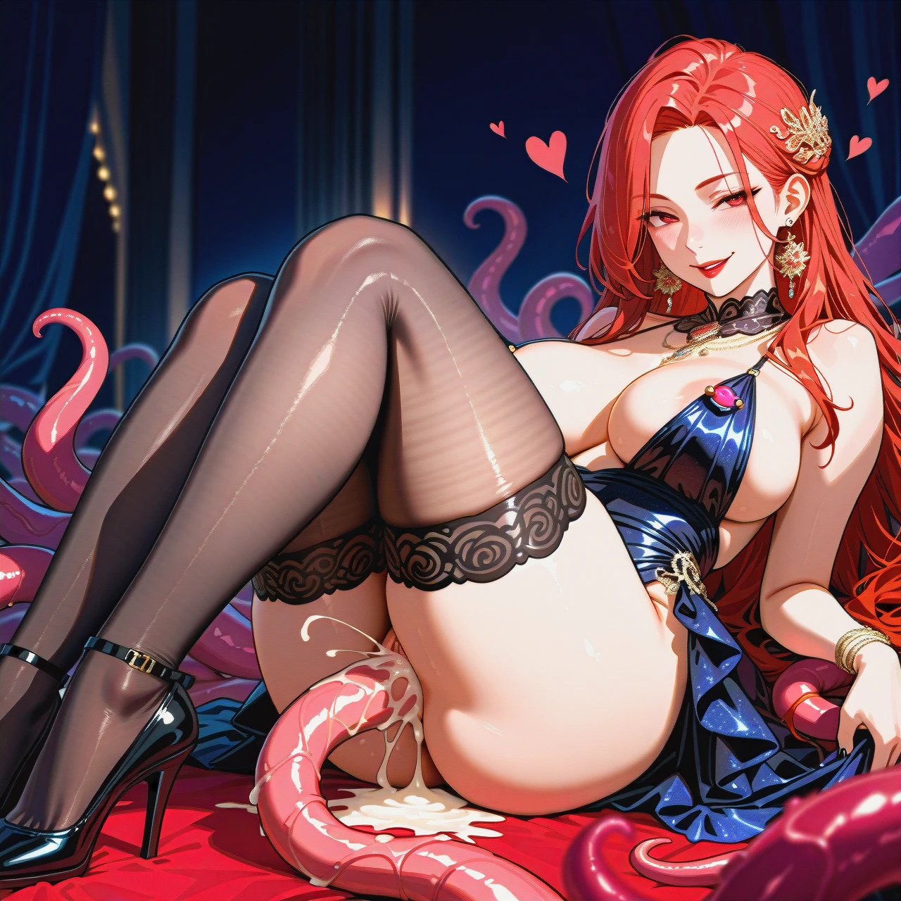 Milf:fancy carnival night dress, big breasts,big ass, lipstick,piercing, nipple piercing, beautiful,ling hair,long legs, stockings, seduction, seductive horny smile, strong,hearts in eyes  tentacles deep penetration cumshot huge tentacle body in cum triple penetration massive penetrating tentacles