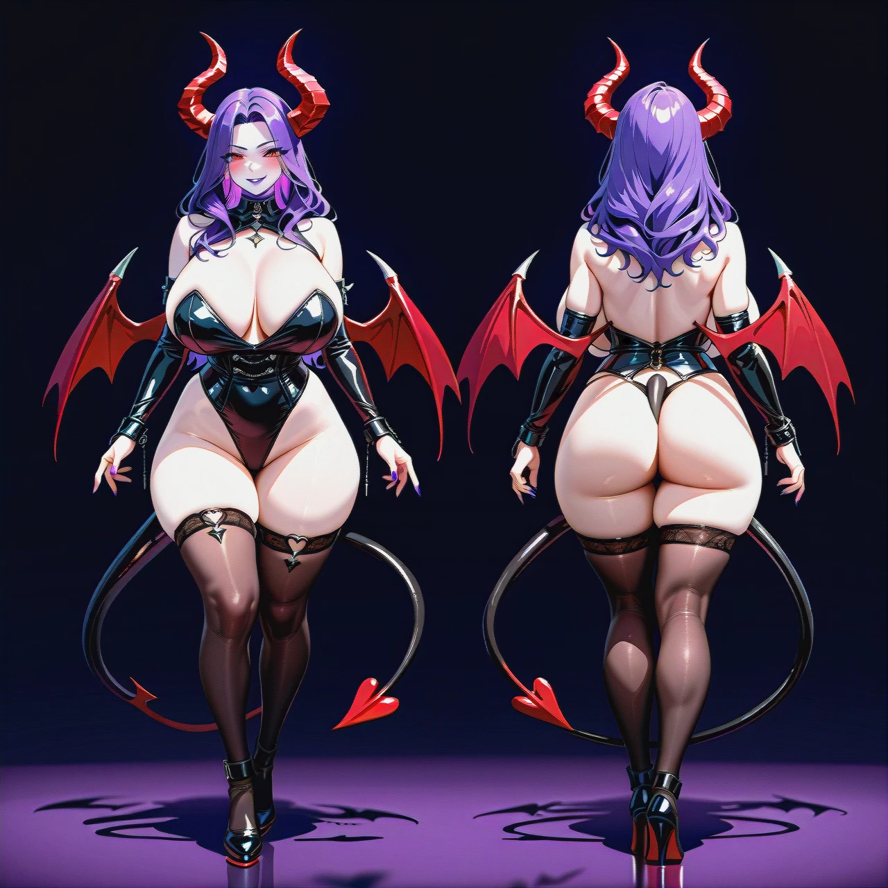 1 girl, milf, demon girl, thick thighs, huge breasts, perfect figure, pale skin, tall woman, purple hair, long hair, purple lips, purple lips, red eyes, red ram horns, thin black tail, two red demonic wings, seductive smile, full height, standing full height, full body, back view