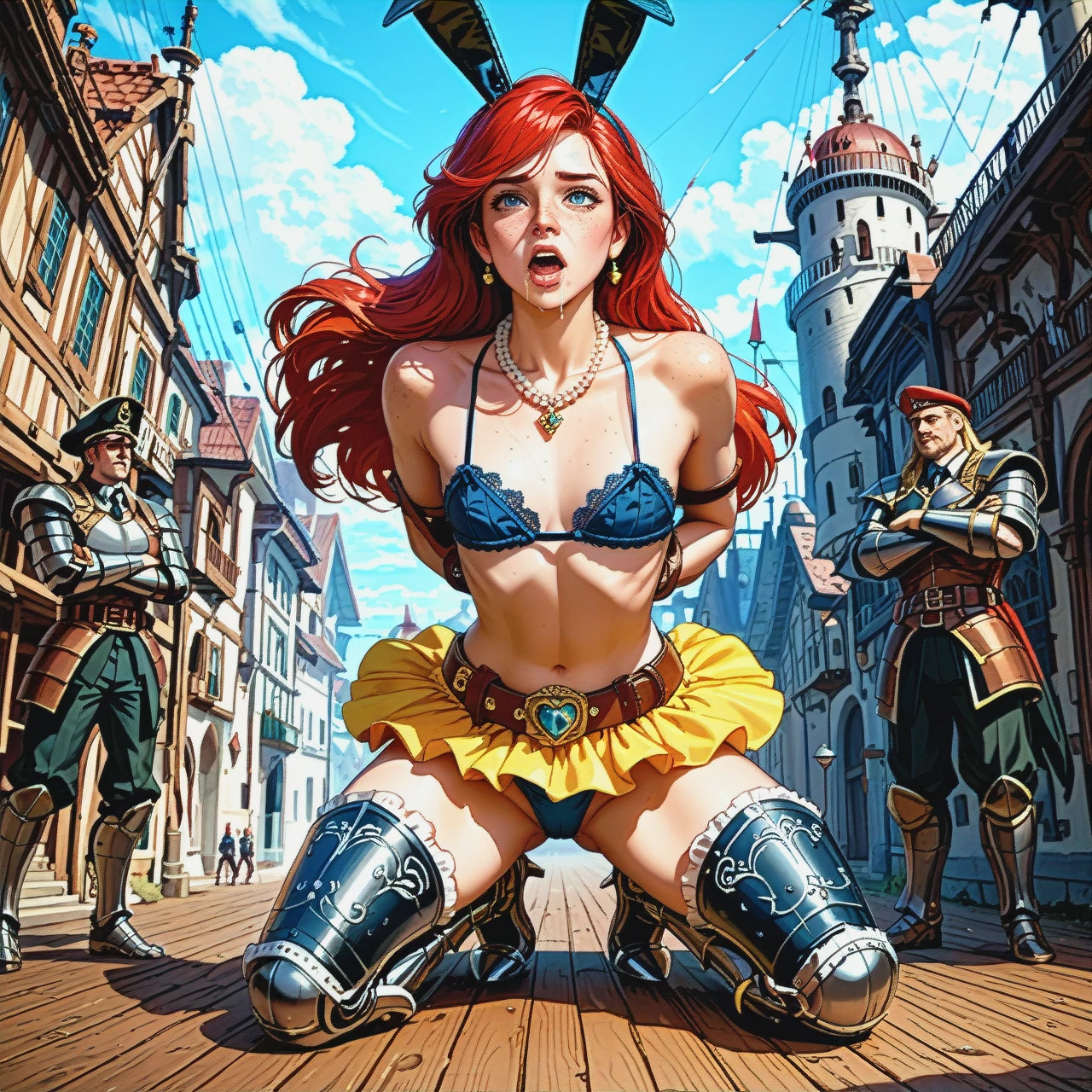 1girl,1 snake, , , , high cheekbones,kneeling,flat chest,squeeze breast,knee-high, high nose,armored,detail areola,men background,shoulder, freckled breast,pov hand,firm breasts,pirate ship,necklace, bunny costume,necklace,saliva strings,blue panties,armored boots, underskirt,lace lingerie,saliva strings,microbikini,armored boots, yellow dress,pearl necklace,belt,black lace bra,running shoes, bare navel, restrained, castle exterior, 2b, ariel, waifu, insert snake in anal