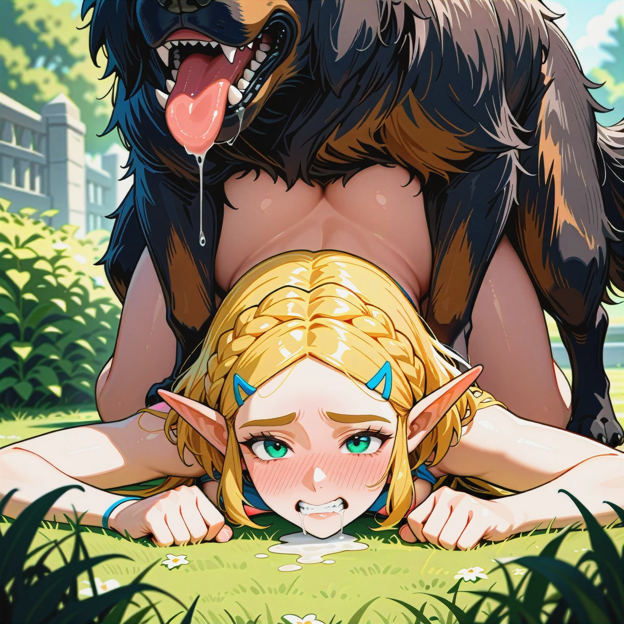 @princess_zelda, sex with feral dog, white feral dog, (sex_from_behind), (prostration), (clenched_teeth), (drooling), (full-face_blush), garden, front view, tongue on hair, huge feral dog, giant feral dog, hard pink nipples