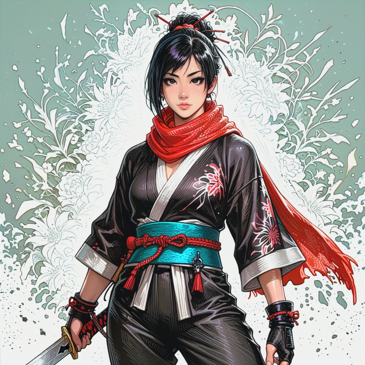 asian ninja girl, bracers, kimono without sleeves, asian belt, scarf, fully clothed, ninja sword