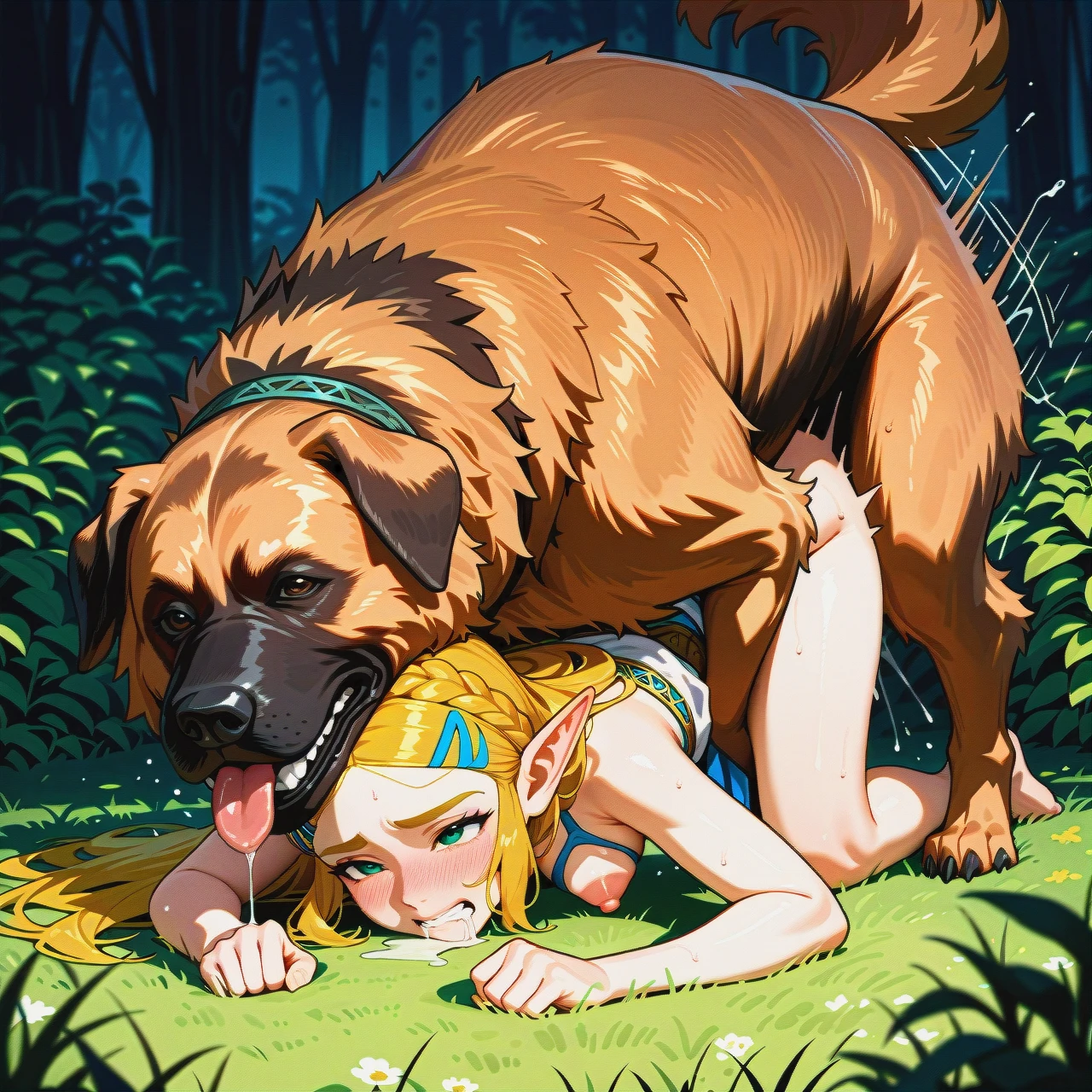 @princess_zelda, sex with feral dog, white feral dog, (sex_from_behind), (prostration), (clenched_teeth), (drooling), (full-face_blush), garden, front view, tongue on hair, huge feral dog, giant feral dog, hard pink nipples