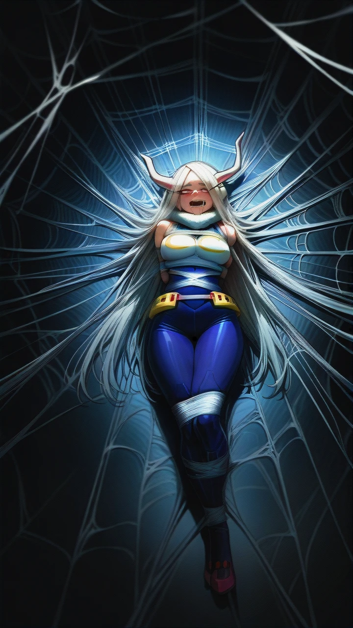 Nsfw, miruko, my hero academia, web bondage, dark cave, spider web bondage, spider web, web, full body view, webbed, covered in spider web, web gag, drooling, struggling,