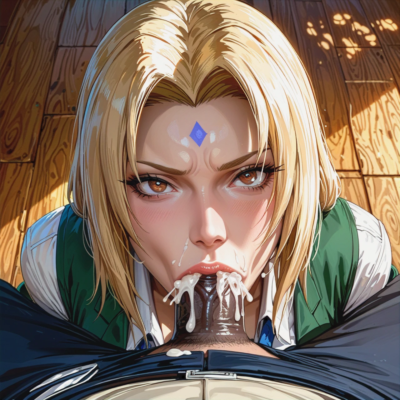 @tsunade, sexy body, blue eyes, beautiful face, horny face, eye roll face, teacher  clothes, deepthroat, cum in throat, bid black dick, school, eye contact with man, dick view