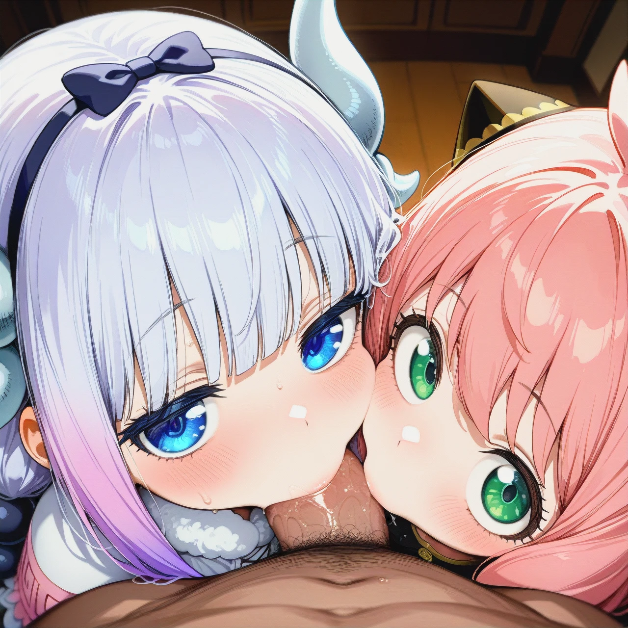 @anya, @kanna_kamui, 2girl, 2 girls 1 man, (cooperative_fellatio)