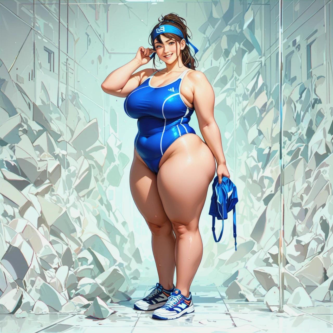 girl, 1, blue one-piece swimsuit, big boobs, big legs, big ass, fat, hair pulled back, smiling, headband, standing, full height, in sneakers