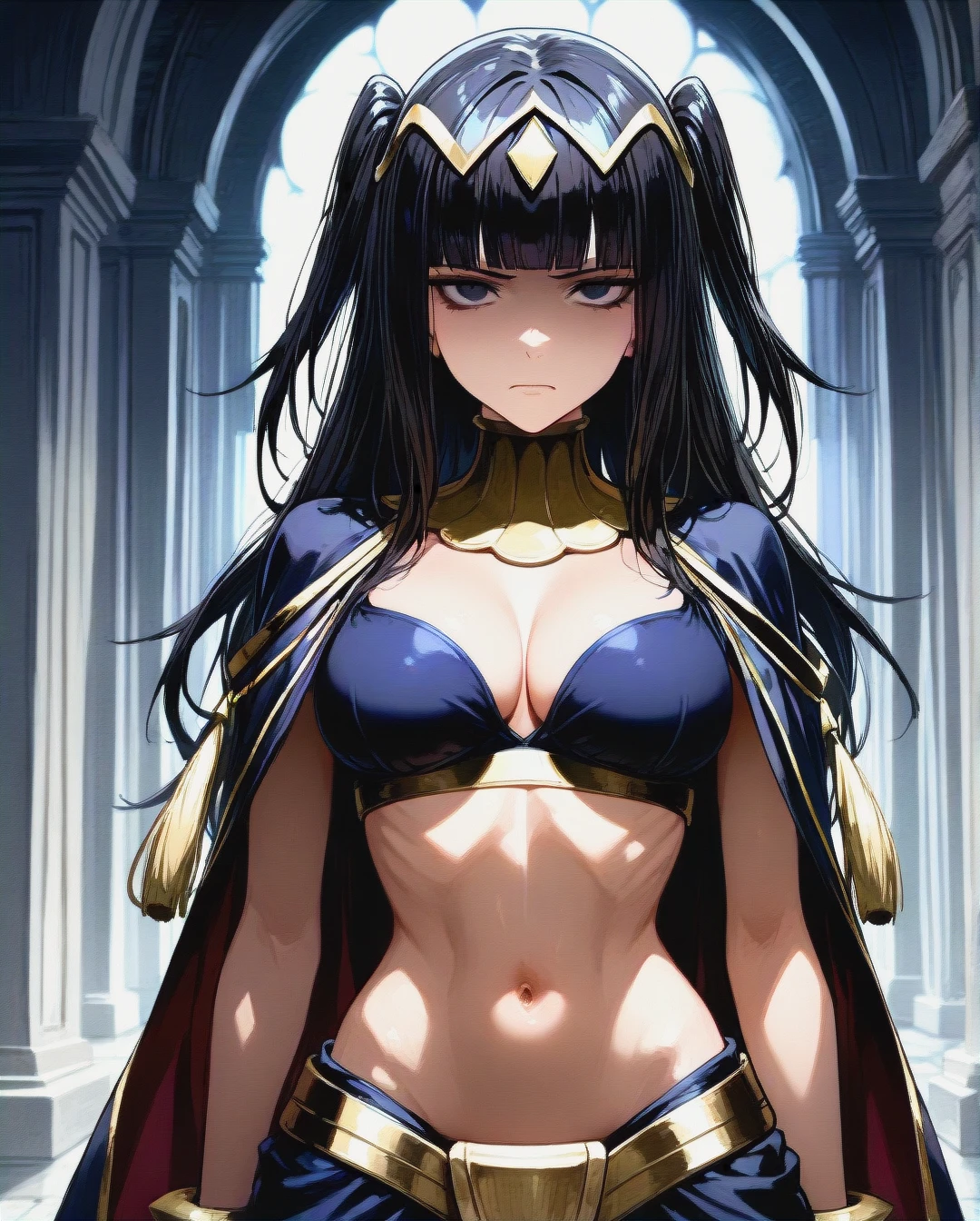 @tharja, (perfect face: 1,2), in dress, standing, front view, skinny, serious