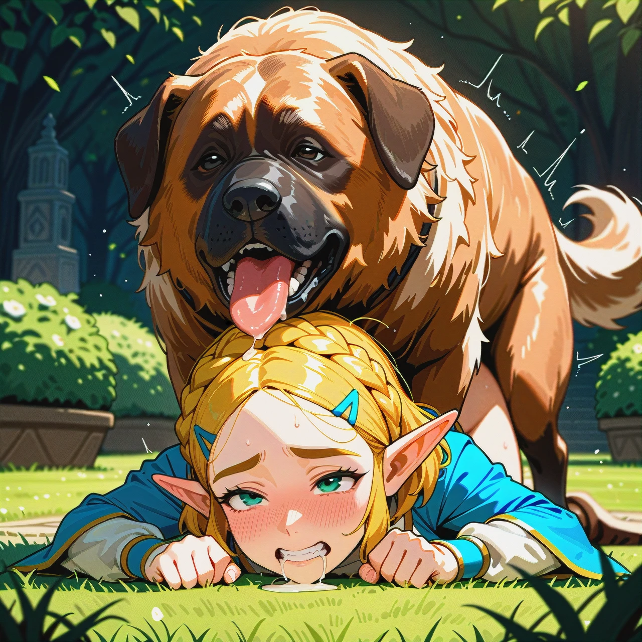 @princess_zelda, sex with feral dog, white feral dog, (sex_from_behind), (prostration), (clenched_teeth), (drooling), (full-face_blush), garden, front view, tongue on hair, huge feral dog, giant feral dog