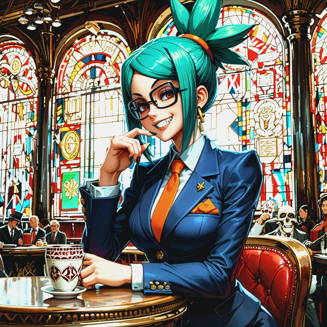 @cerebella , dressed in a business suit, glasses on her face, sitting on a pedestal, smiling, holding a cup, arena