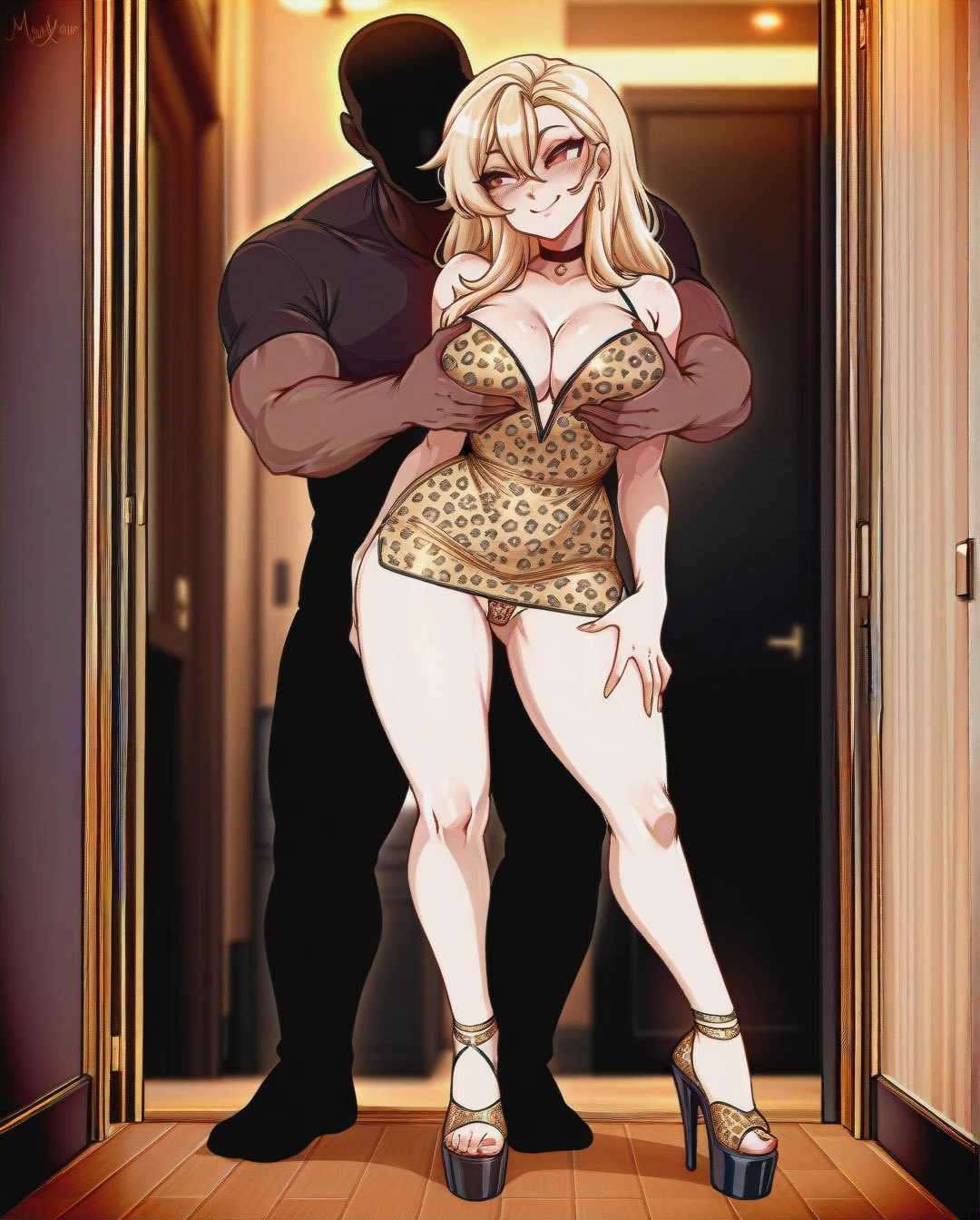 @meruccubus , European skin, blonde, (mature_female) , leopard pattern tight mini (dress_removed), smile, platform heels, full body, (standing) , thong, boys, interracial, (groping), (netorare) , (grabbing)