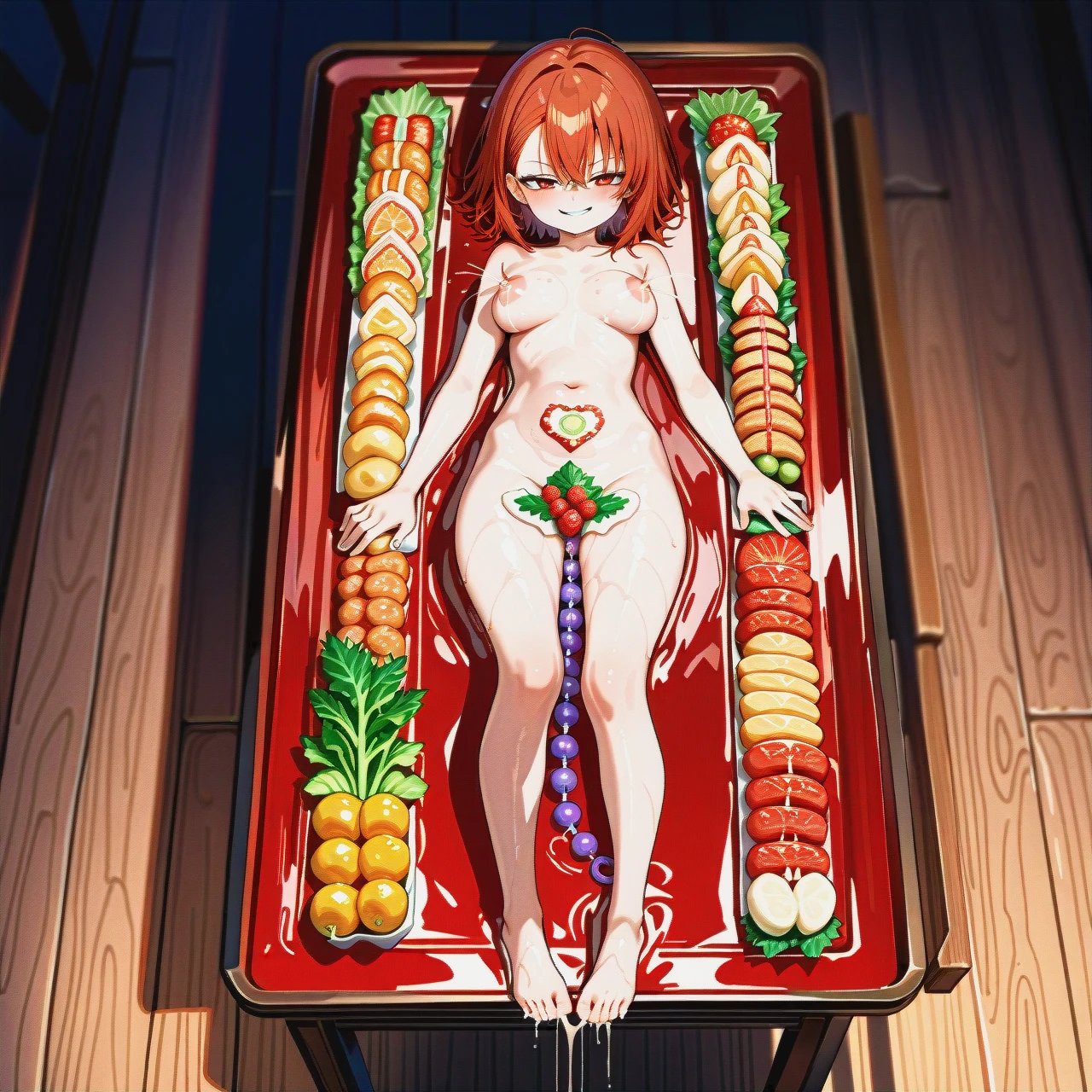 @chara, sly smirk, chocked, (cute:1.4), stomach deformation, full body, gigantic anal beads, food table, food on body, naked, (on_back), (lying), oiled skin, wet skin, (full_body), (deep_penetration), stomach deformation, (nyotaimori), (lactation)