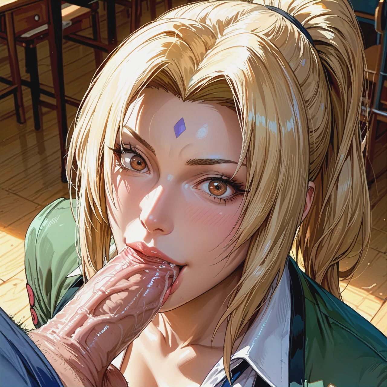 @tsunade, sexy body, blue eyes, beautiful face, shocked face, happy smile face, teacher  clothes, blowjob big dick , ponytail  hairstyle