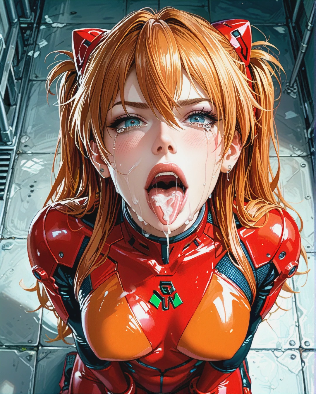 Asuka langley crying makeup cum on tongue abused  clothes plug suit  from above large (long_tongue)