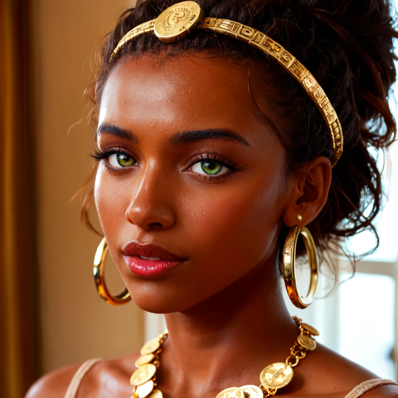 The image is a close-up of a woman's face and upper body. She is wearing a traditional African headpiece made of gold coins. The headpiece is intricately designed with multiple layers of coins arranged in a circular pattern. The coins are of different sizes and shapes, including circles, squares, and rectangles. The woman's hair is styled in loose waves and she is wearing large hoop earrings. The background is blurred, but it appears to be a room with a beige wall and a window. The overall look is elegant and luxurious.