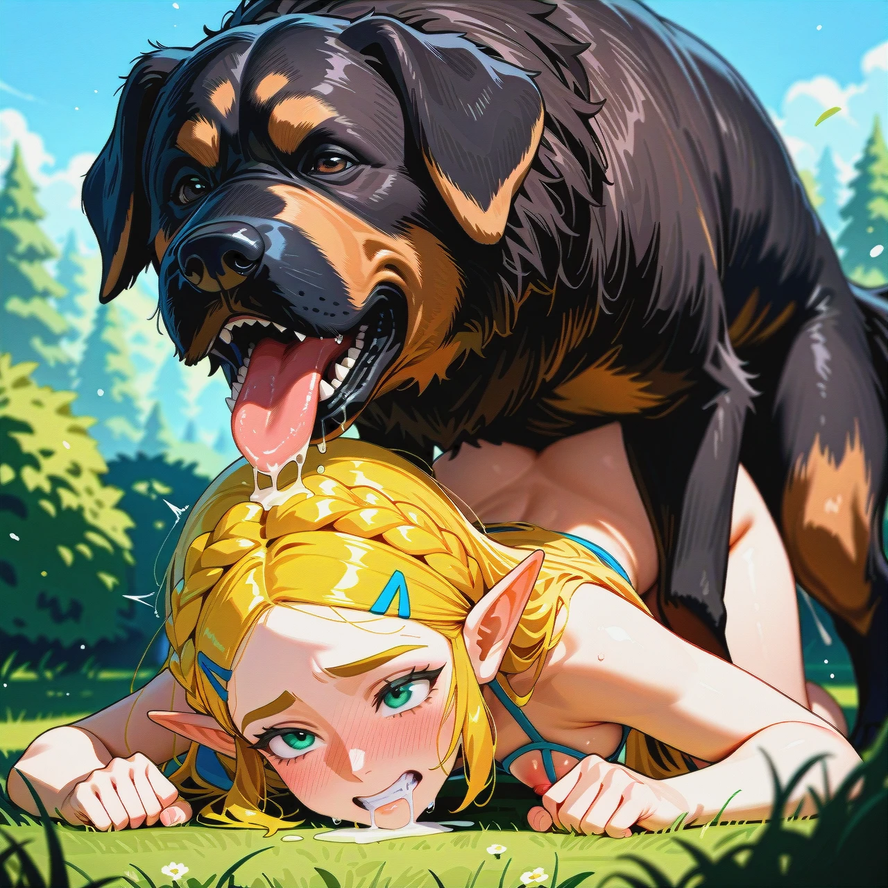 @princess_zelda, sex with feral dog, white feral dog, (sex_from_behind), (prostration), (clenched_teeth), (drooling), (full-face_blush), garden, front view, tongue on hair, huge feral dog, giant feral dog, hard pink nipples